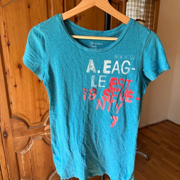American Eagle Outfitters Teal Blue Graphic women’s Tee Y2K Med A7 - Picture 3 of 10